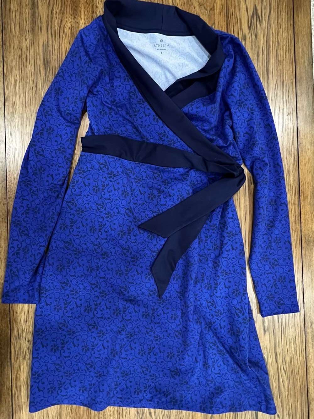 Athleta Royal Blue Long-Sleeve Wrap Dress with Black Trim